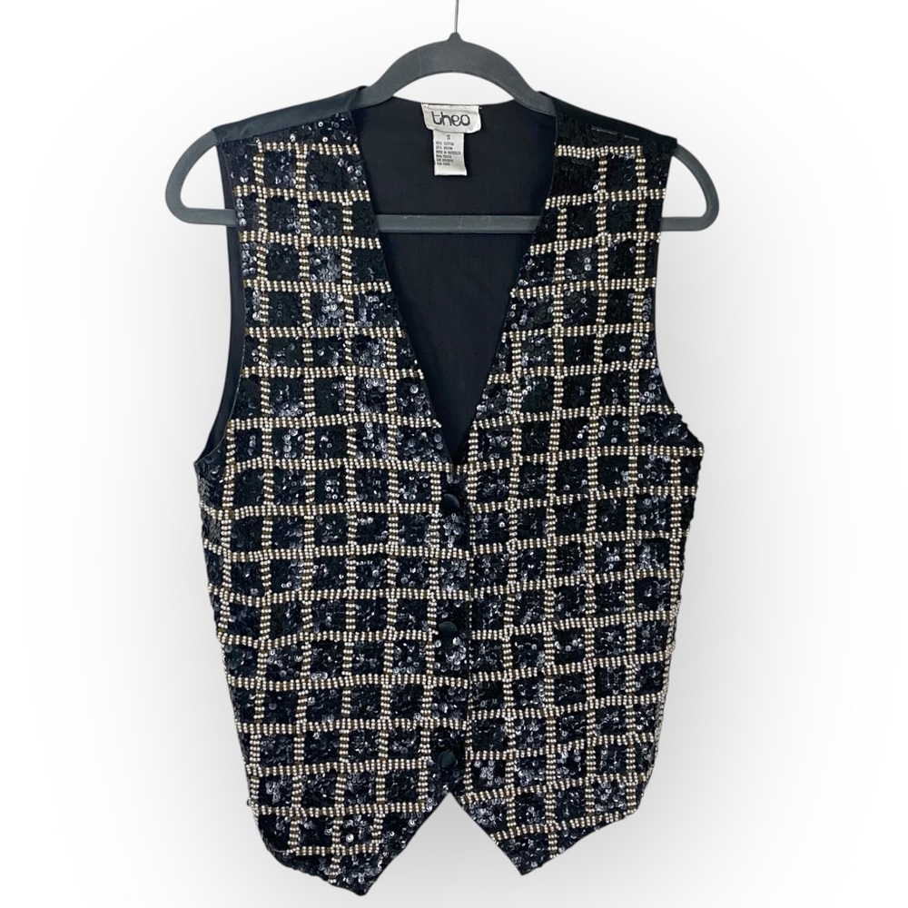 Vintage Theo Black and white beaded sequin Women's Checkered Vest